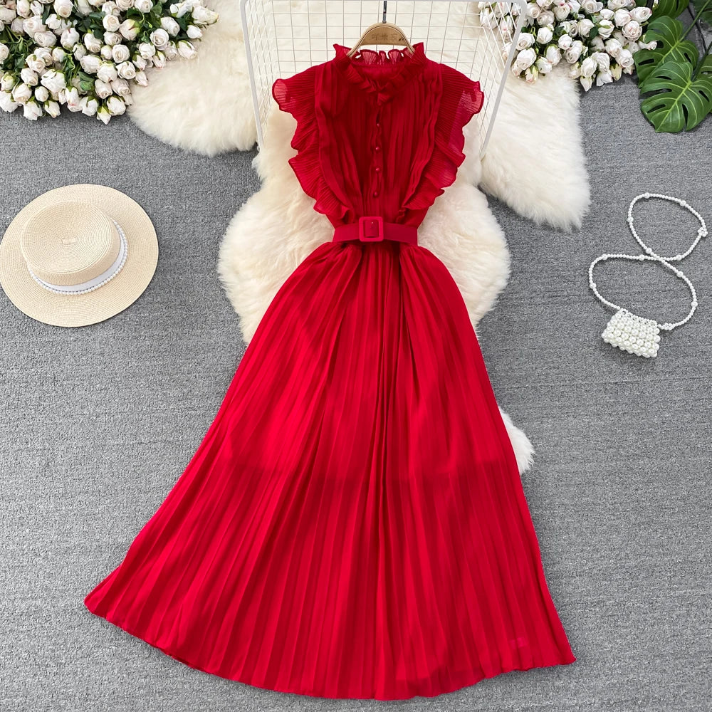 Elegant Maxi Dress for Women O-neck Flying Sleeve A-line Female Summer Dresses