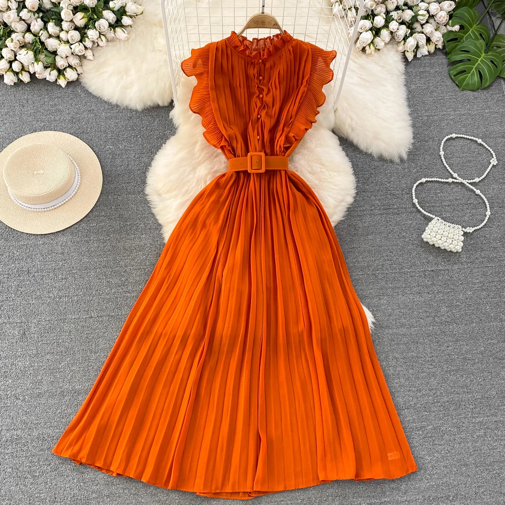 Elegant Maxi Dress for Women O-neck Flying Sleeve A-line Female Summer Dresses