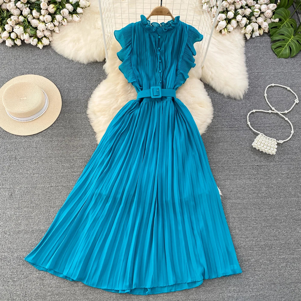 Elegant Maxi Dress for Women O-neck Flying Sleeve A-line Female Summer Dresses