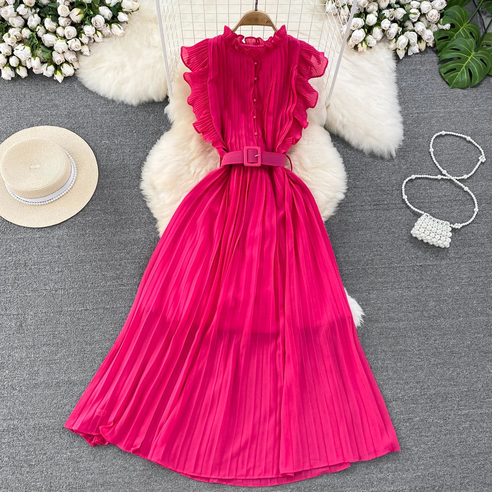 Elegant Maxi Dress for Women O-neck Flying Sleeve A-line Female Summer Dresses