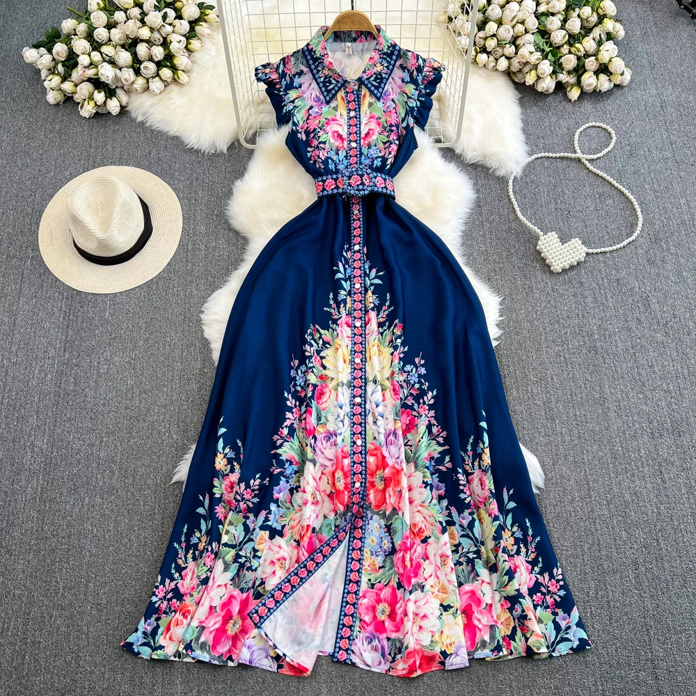 Chic Maxi Dresses for Women Floral Printed Turn Down Collar
