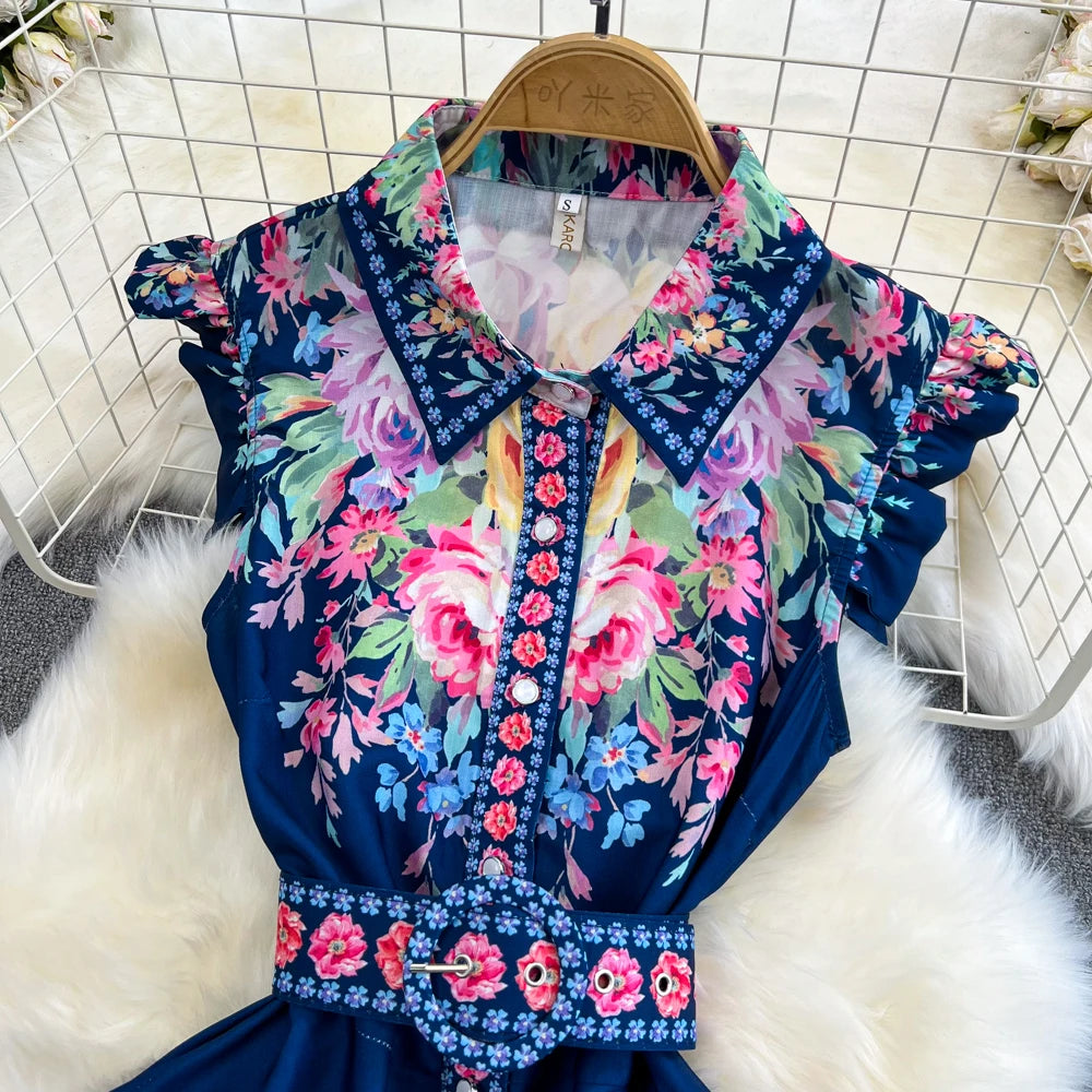 Chic Maxi Dresses for Women Floral Printed Turn Down Collar