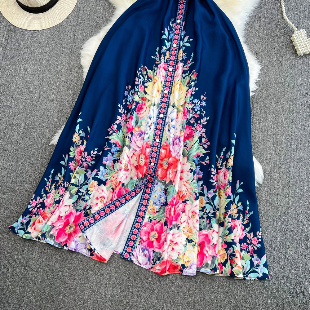Chic Maxi Dresses for Women Floral Printed Turn Down Collar