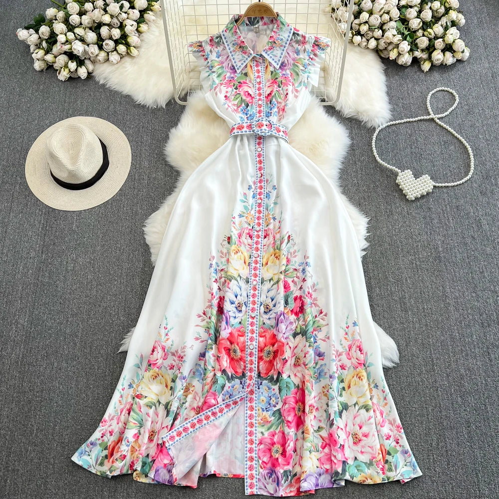 Chic Maxi Dresses for Women Floral Printed Turn Down Collar
