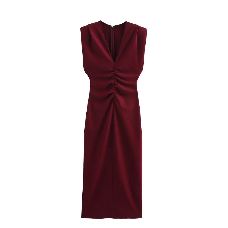 Chic Party Pleated Sleeveless Evening Party Slight Stretch Midi Dress