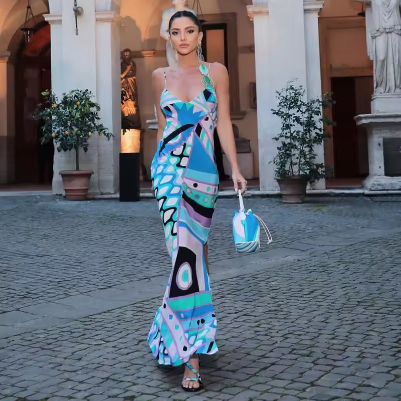 Chic Print Sling Sleeveless Backless Side Split Party Street Beach Dresses