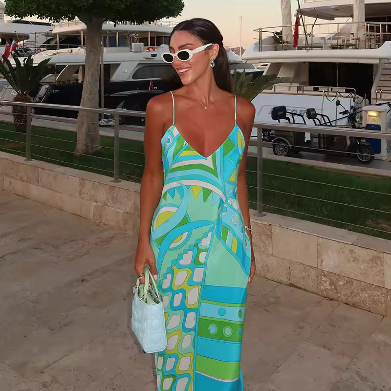 Chic Print Sling Sleeveless Backless Side Split Party Street Beach Dresses