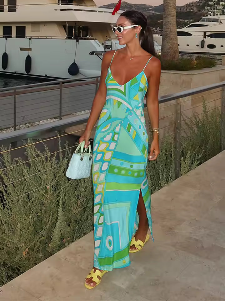 Chic Print Sling Sleeveless Backless Side Split Party Street Beach Dresses