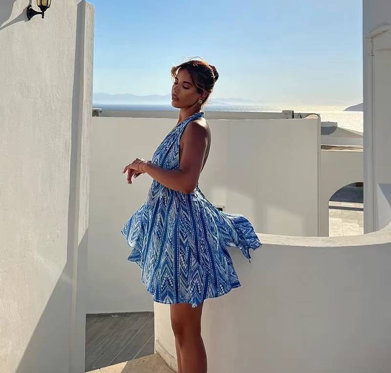 Chic Printed Deep V-neck Backless Halter Neck Beach Style Mini Dress