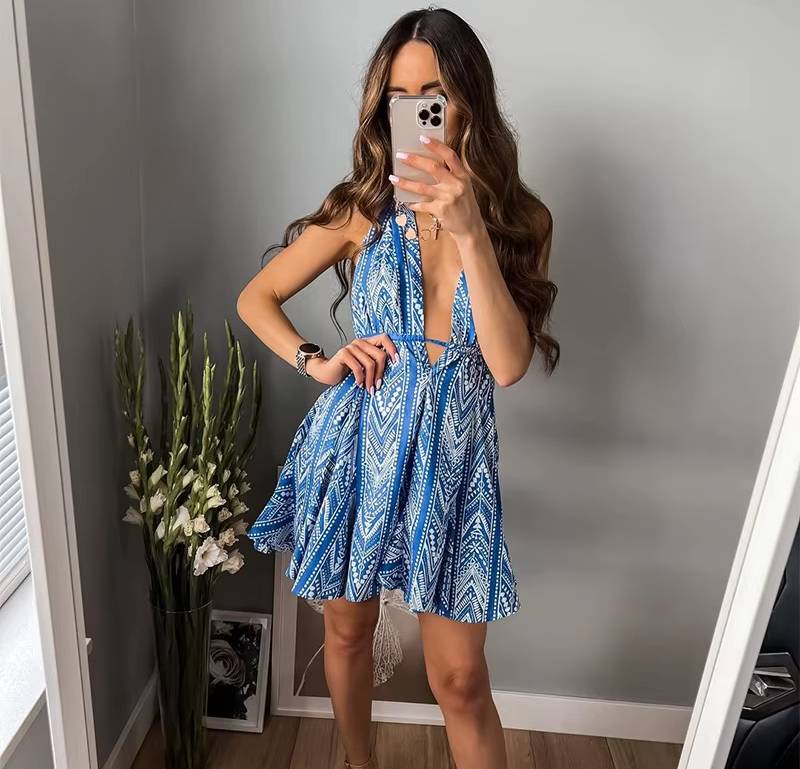 Chic Printed Deep V-neck Backless Halter Neck Beach Style Mini Dress