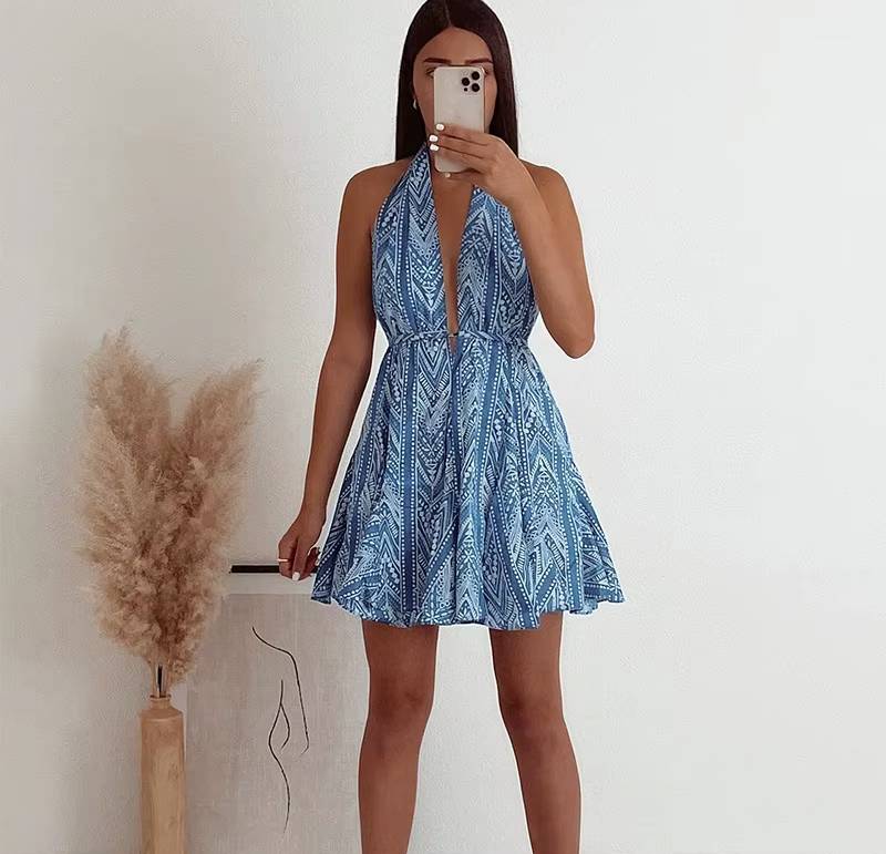 Chic Printed Deep V-neck Backless Halter Neck Beach Style Mini Dress