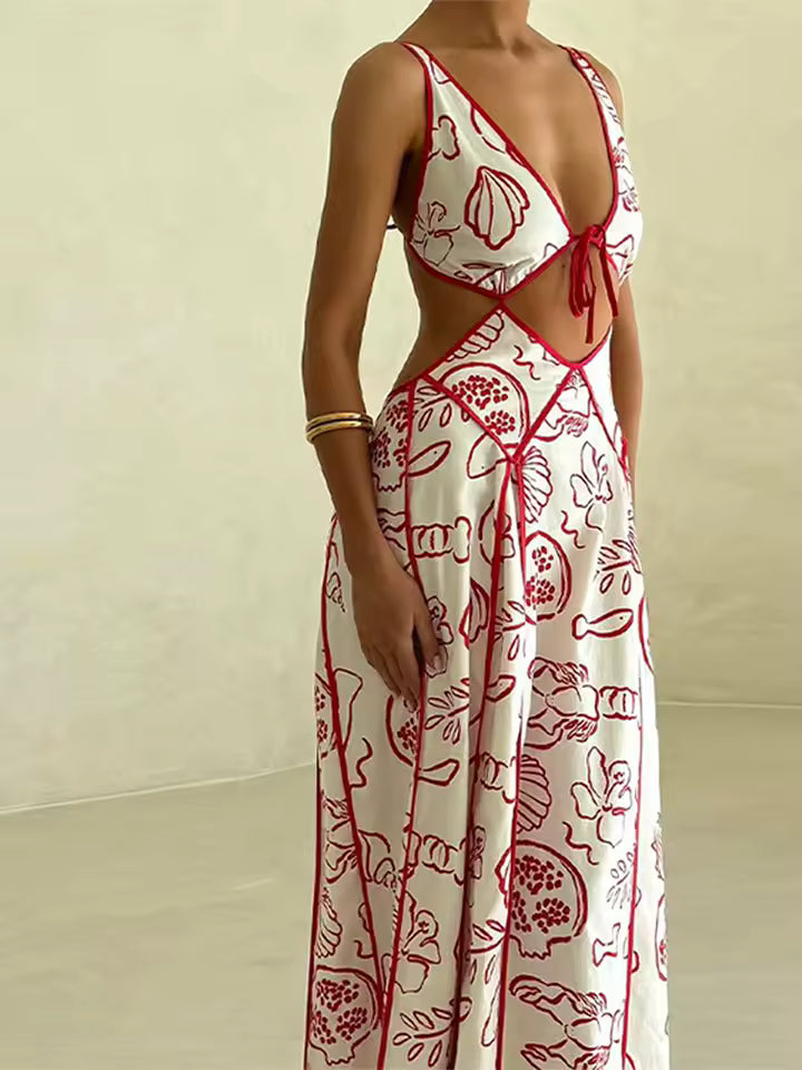 Chic Printed Hollow Out Beach Sleeveless Backless Maxi Dress