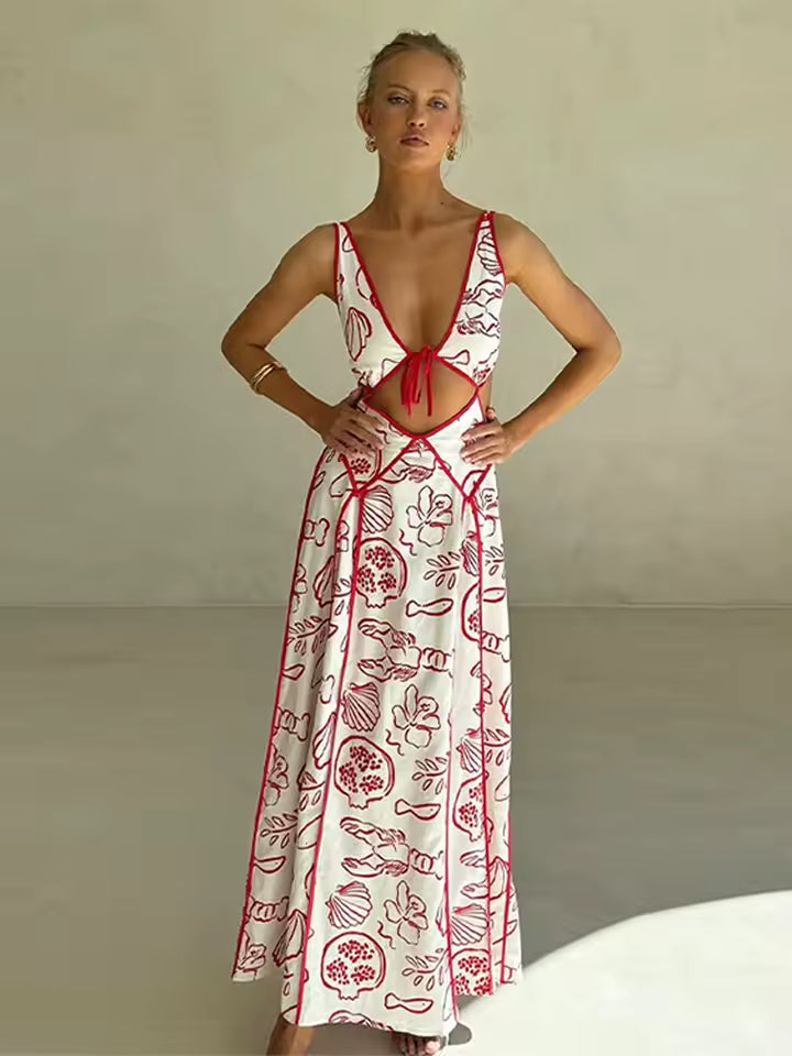 Chic Printed Hollow Out Beach Sleeveless Backless Maxi Dress