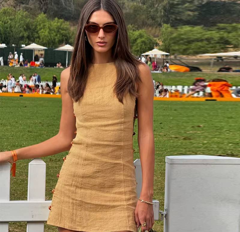 Chic Side Hollow Bead Sleeveless O-neck Slim Mini Dress Streetwear