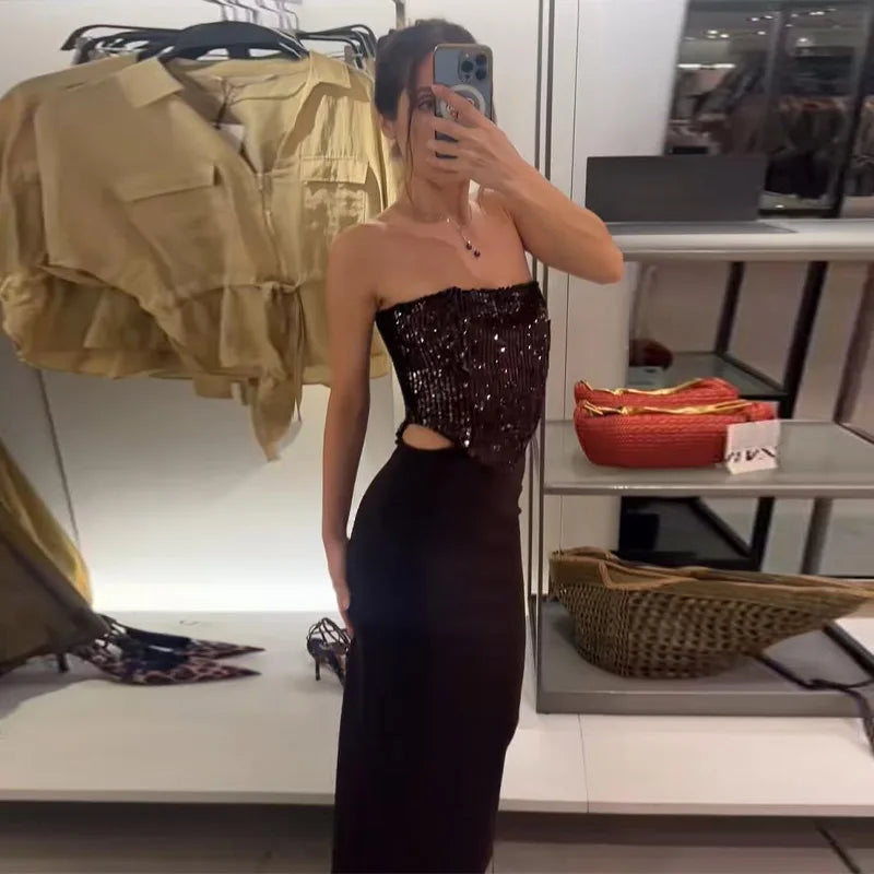 Chic Slash Neck Sleeveless Hollow Out Waist Solid Pullover Strapless Maxi Dresses 