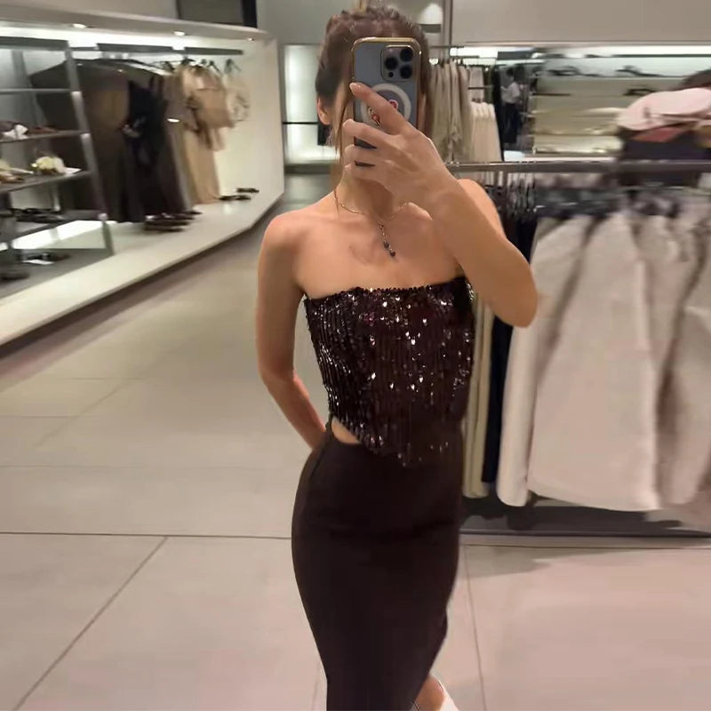 Chic Slash Neck Sleeveless Hollow Out Waist Solid Pullover Strapless Maxi Dresses 