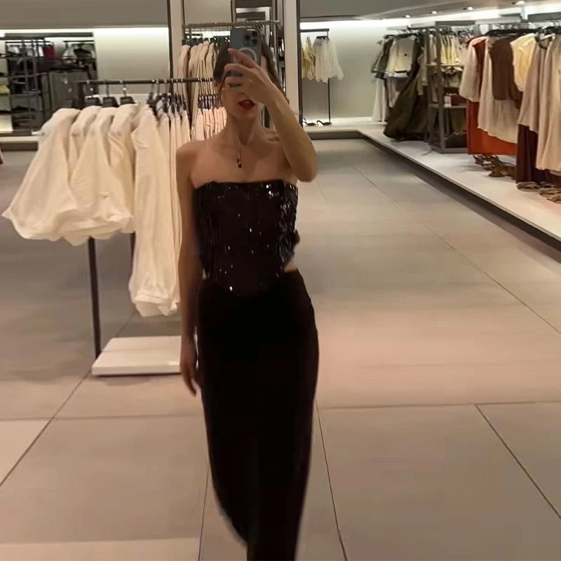 Chic Slash Neck Sleeveless Hollow Out Waist Solid Pullover Strapless Maxi Dresses 