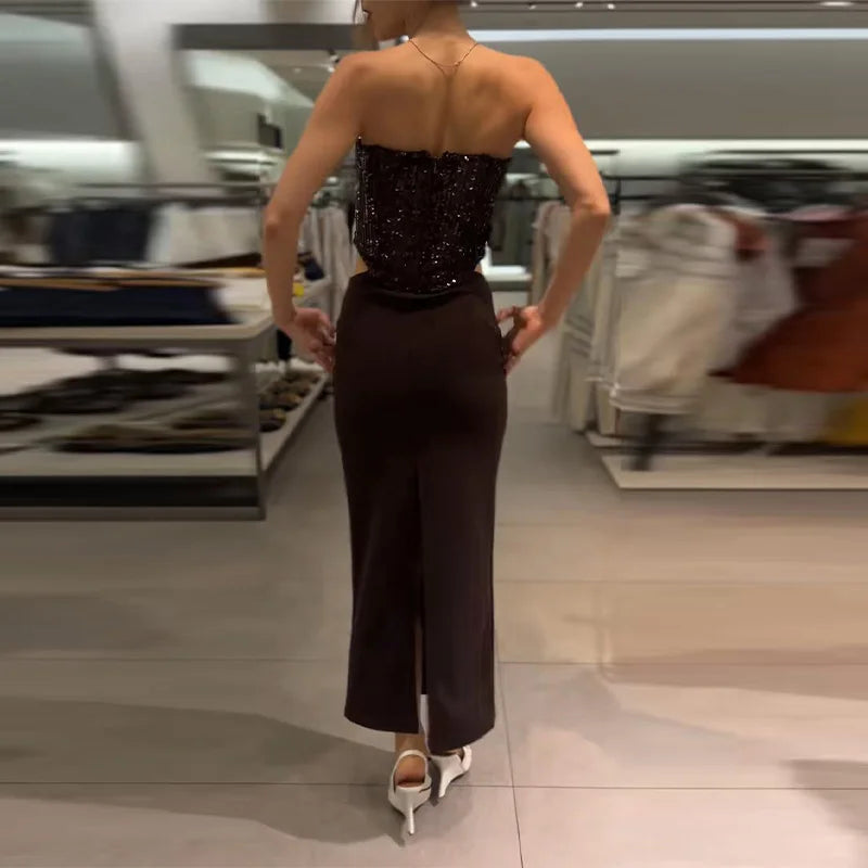 Chic Slash Neck Sleeveless Hollow Out Waist Solid Pullover Strapless Maxi Dresses 