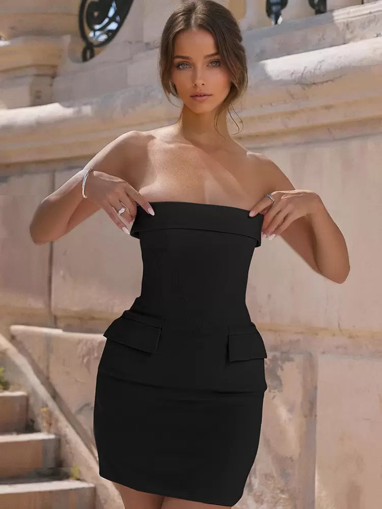 Chic Solid Color Strapless Zipper Sleeveless Raised Pencil Bodycon Dress