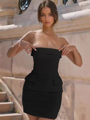 Chic Solid Color Strapless Zipper Sleeveless Raised Pencil Bodycon Dress