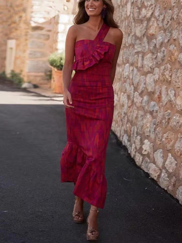 Chic Tie Dyed Spliced Ruffles Skinny High Waist One Shoulder Backless Dress