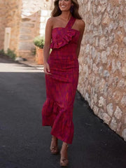 Chic Tie Dyed Spliced Ruffles Skinny High Waist One Shoulder Backless Dress