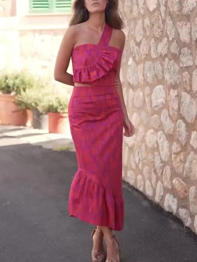 Chic Tie Dyed Spliced Ruffles Skinny High Waist One Shoulder Backless Dress