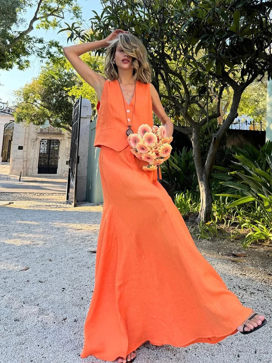 Chic Vest Long Skirt 2-Piece Set Sleeveless Top Fashionable Office Ladies Loose Dress