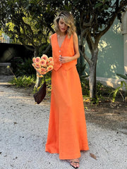 Chic Vest Long Skirt 2-Piece Set Sleeveless Top Fashionable Office Ladies Loose Dress