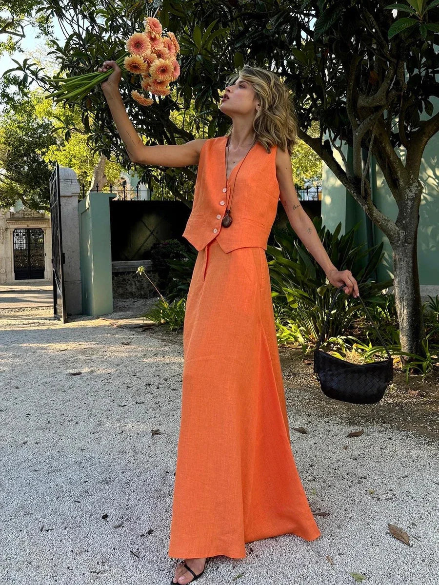 Chic Vest Long Skirt 2-Piece Set Sleeveless Top Fashionable Office Ladies Loose Dress