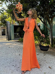 Chic Vest Long Skirt 2-Piece Set Sleeveless Top Fashionable Office Ladies Loose Dress