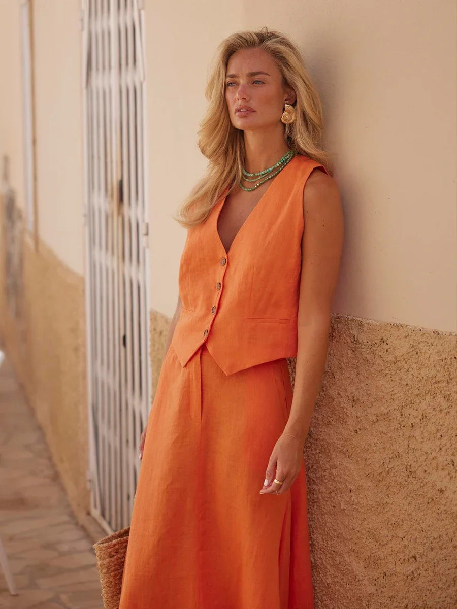 Chic Vest Long Skirt 2-Piece Set Sleeveless Top Fashionable Office Ladies Loose Dress