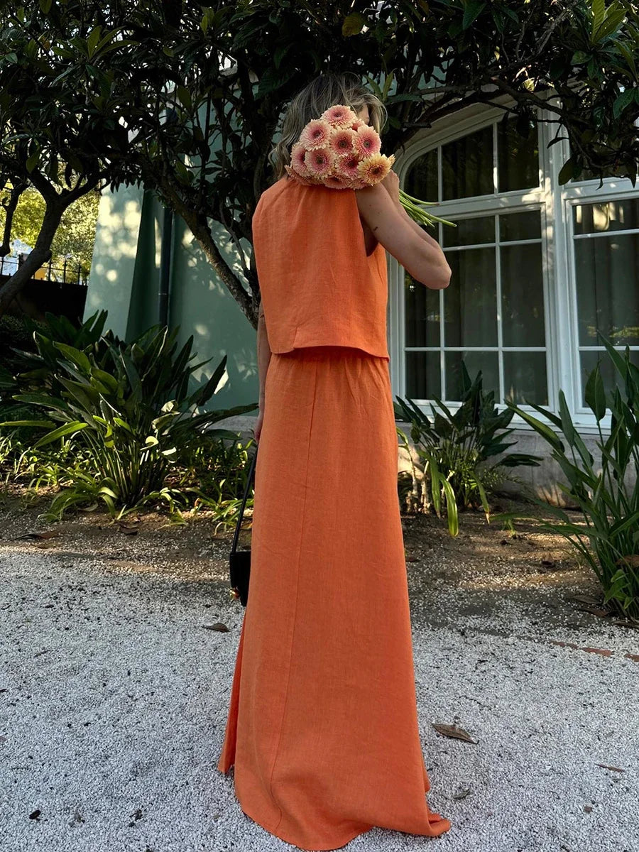 Chic Vest Long Skirt 2-Piece Set Sleeveless Top Fashionable Office Ladies Loose Dress