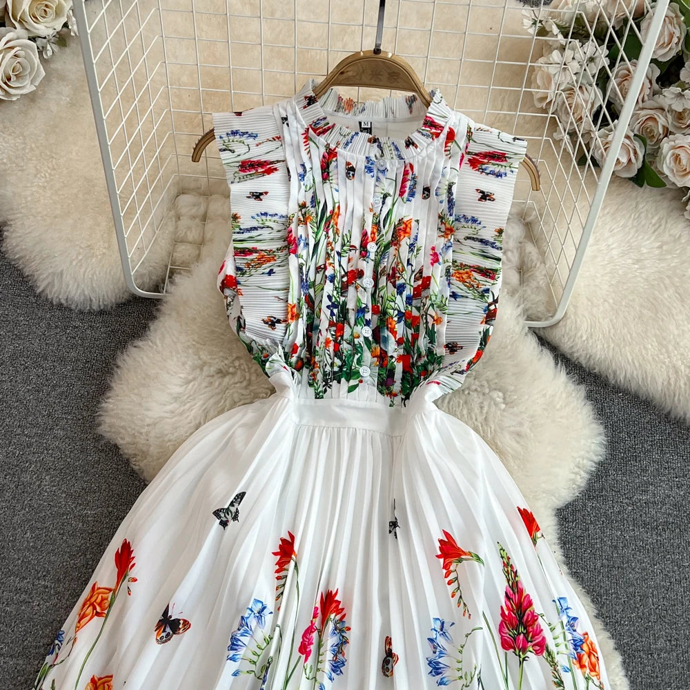Chic Women Vestidos De Mujer Printed O-neck Sleeveless Female Long Dresses