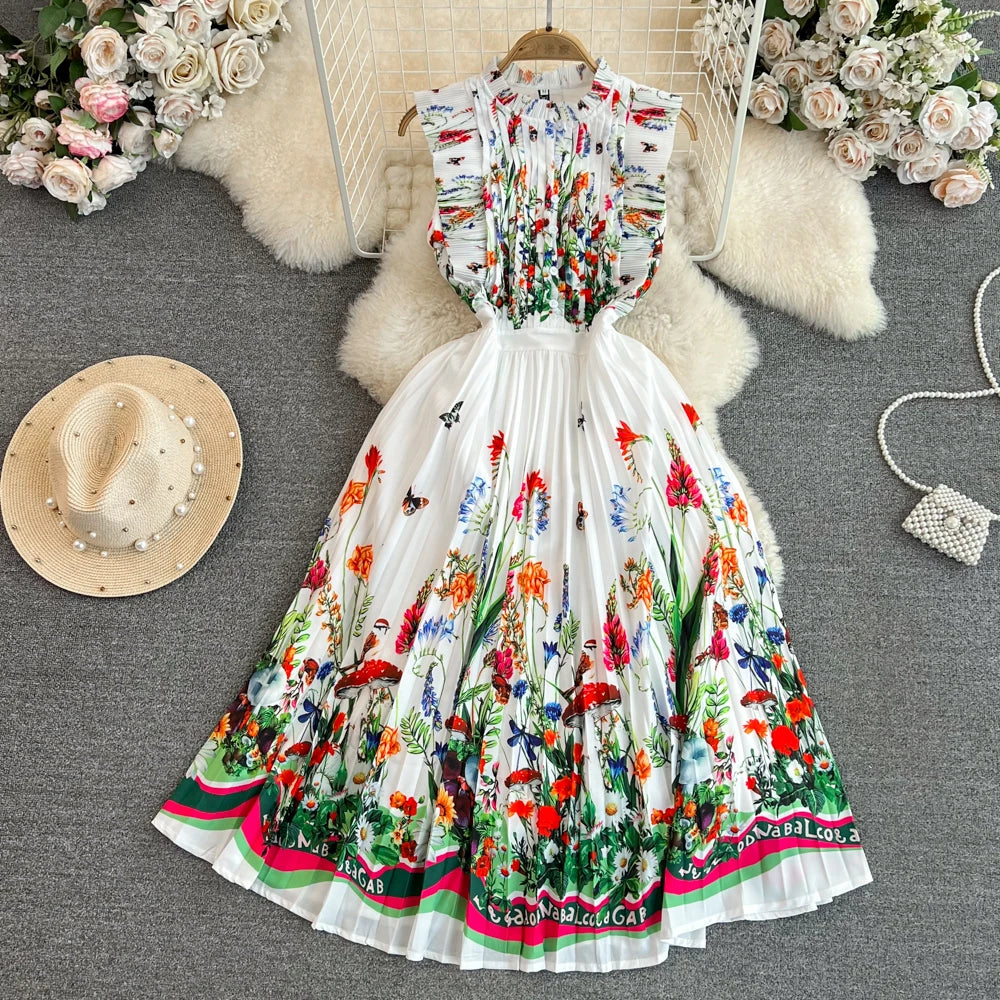 Chic Women Vestidos De Mujer Printed O-neck Sleeveless Female Long Dresses