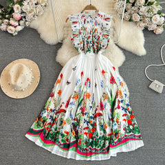 Chic Women Vestidos De Mujer Printed O-neck Sleeveless Female Long Dresses