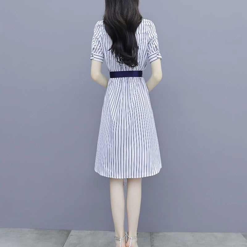 Chic and Elegant Stripe Short Sleeve Splicing Pretty Shirt Dress