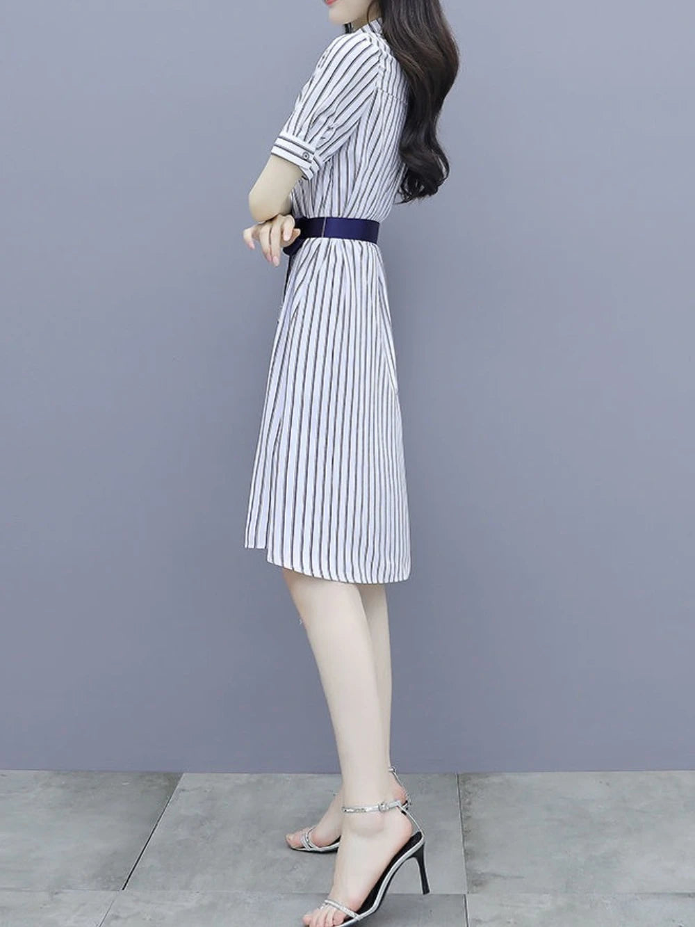 Chic and Elegant Stripe Short Sleeve Splicing Pretty Shirt Dress