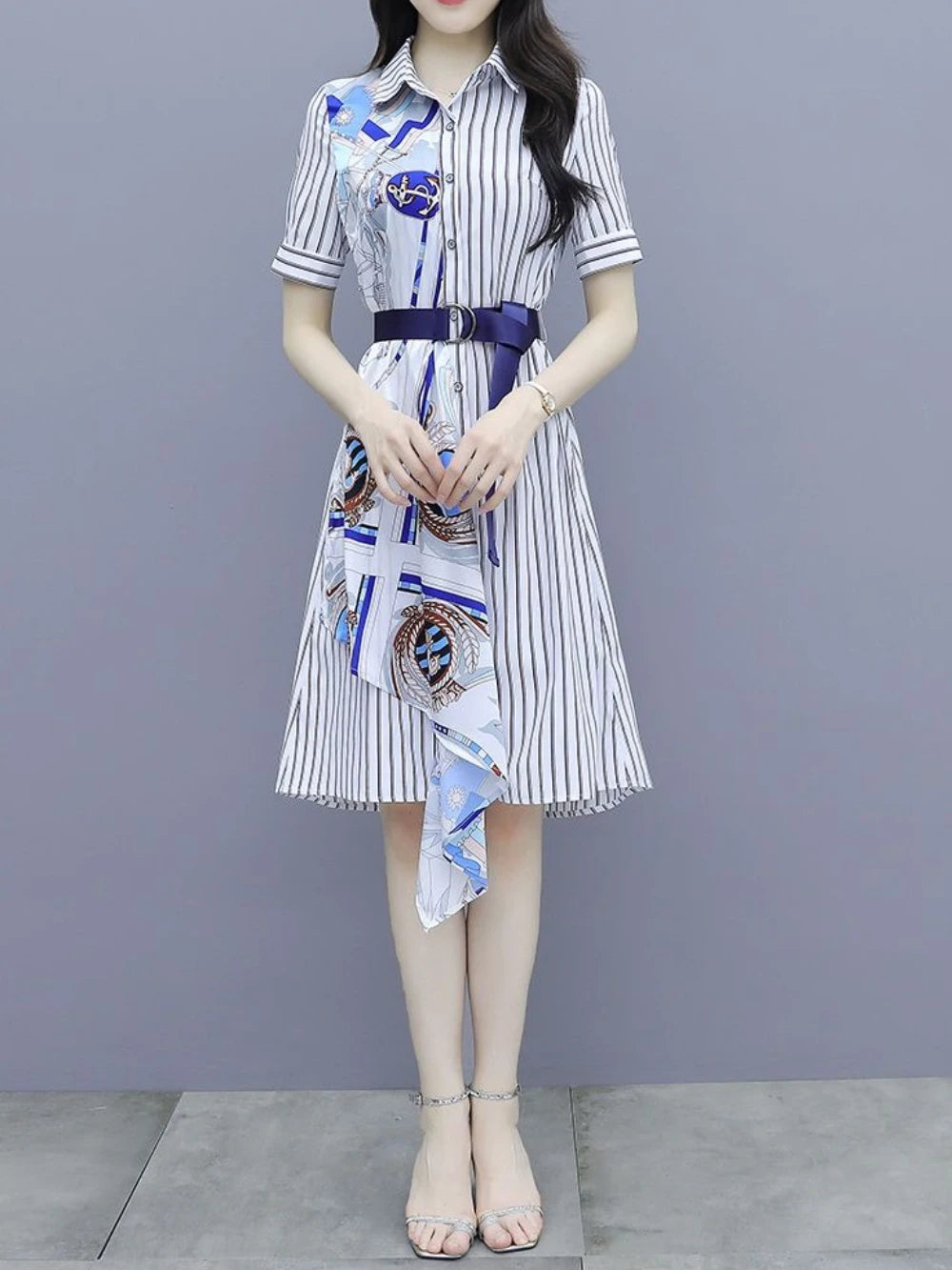 Chic and Elegant Stripe Short Sleeve Splicing Pretty Shirt Dress