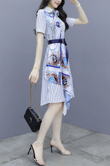 Chic and Elegant Stripe Short Sleeve Splicing Pretty Shirt Dress