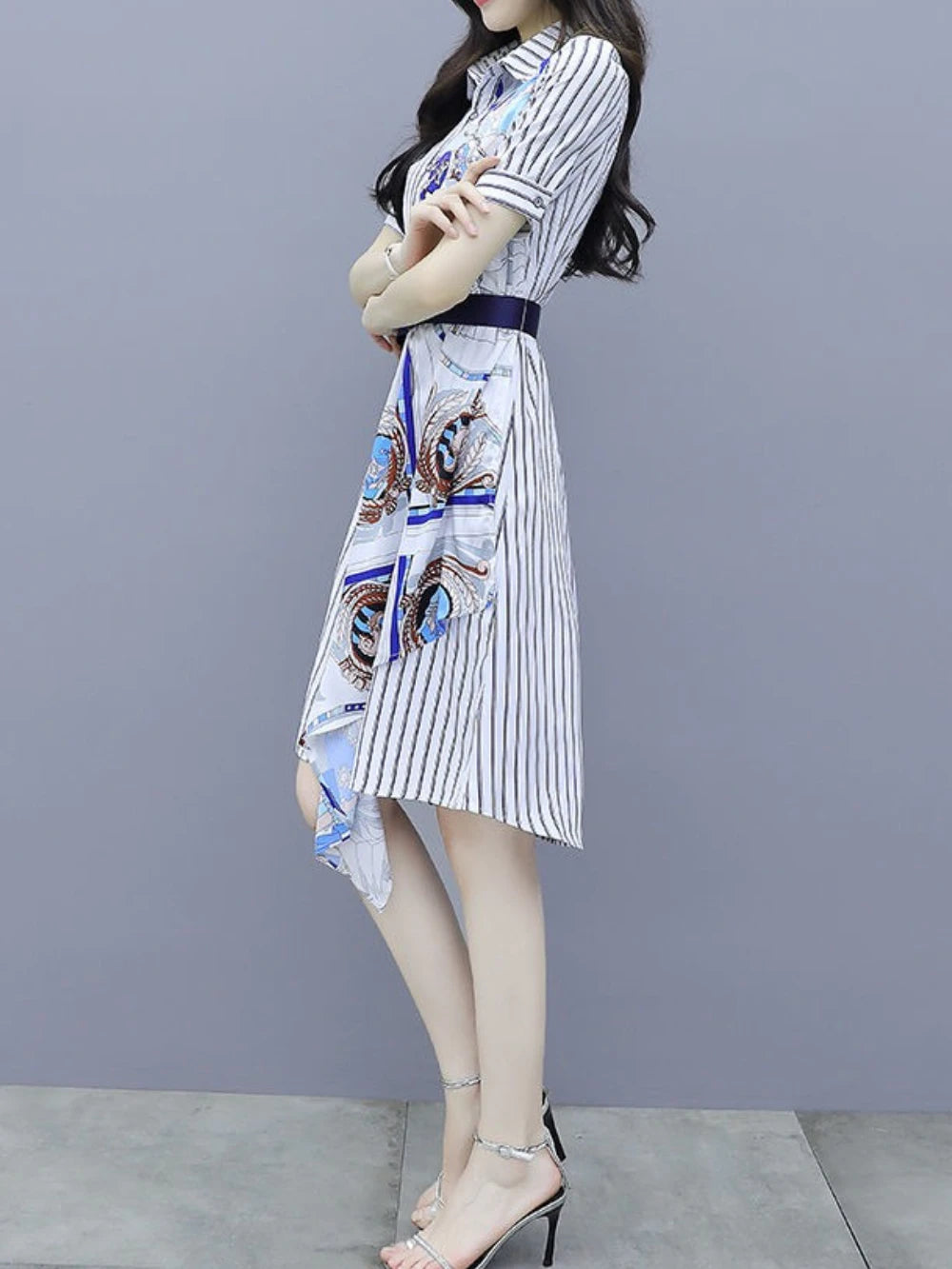 Chic and Elegant Stripe Short Sleeve Splicing Pretty Shirt Dress