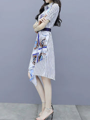 Chic and Elegant Stripe Short Sleeve Splicing Pretty Shirt Dress