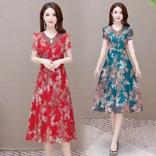 Chiffon Dress Short Sleeve O-neck Elegant Party Dress