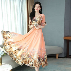 Chiffon Floral Print Elegant Big Swing Party Dress