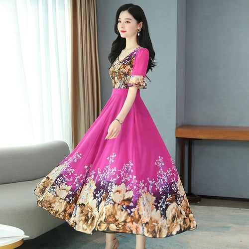 Chiffon Floral Print Elegant Big Swing Party Dress