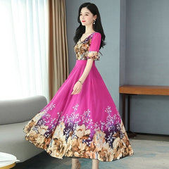 Chiffon Floral Print Elegant Big Swing Party Dress