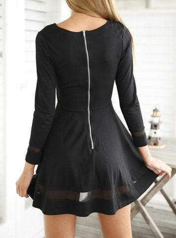 Chiffon Inserts Long Sleeve Mini Skater Dress
