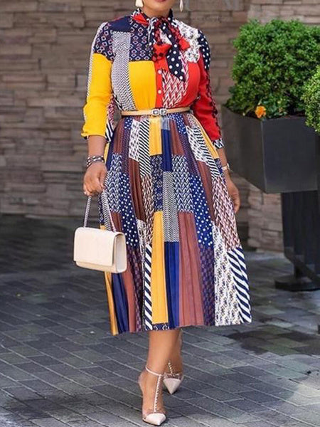 Chiffon Lace Up Neckline Pleated Printed Dresses