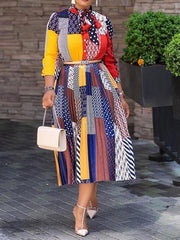 Chiffon Lace Up Neckline Pleated Printed Dresses