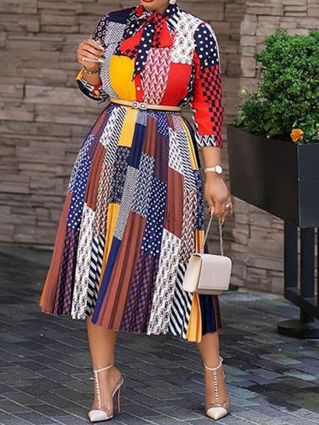 Chiffon Lace Up Neckline Pleated Printed Dresses